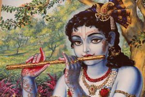 Maleri som viser hinduguden Krishna som spiller en fløyte utendørs. India av Unbekannt