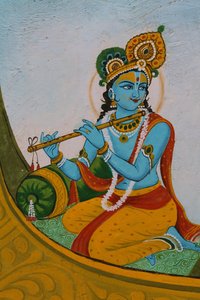 Maleri som viser Krishna på en båt. India av Unbekannt