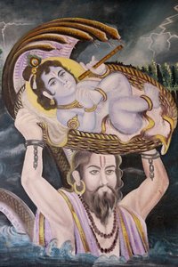 Maleri i Gokul: Krishna som baby båret over Yamuna-elven av Vasudeva. India av Unbekannt