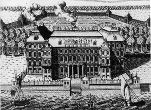 Palace of A, Menshikov på Vassily Island: En av de første bygningene bygget i St. Petersburg (1711-1716), gravering av A, Zubov (1717), Russland. av Unbekannt