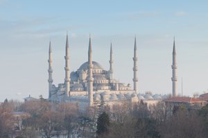 Panoramautsikt over den blå moskeen like før solnedgang, Istanbul, Tyrkia (bilde) av Unbekannter Künstler