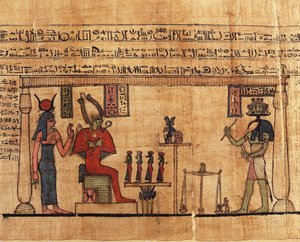 Papyrus fra First Book of Breathing of Ousirour, Thoth veiende sjelen til Ousirour før Isis og Osiris