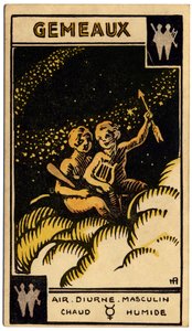 Paranormalt. Astrologi. Tvillingene (tvillingene). Astrologisk kort fra: Le Tarot Astrologique (Astrologisk Tarot), av Georges Muchery, Frankrike av Unbekannter Künstler