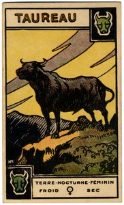Paranormalt. Astrologi. Tyren (oksen). Astrologisk kort fra: Le Tarot Astrologique (Astrologisk Tarot), av Georges Muchery, Frankrike av Unbekannter Künstler