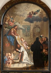 Sognekirke (Vår Frues sognekirke). Interiør. Maleri. Vår Frue gir et kapsel til Saint-Ildefonsus. av Unbekannter Künstler