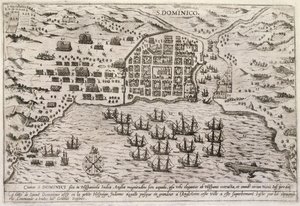 Plan for Drakes angrep på Santo Domingo, ca. 1595 (gravering) av Unbekannter Künstler