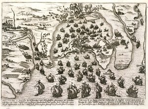 Plan over havnen i Cadiz i 1596 på tidspunktet for angrepet av Sir Walter Raleigh (gravering) av Unbekannter Künstler