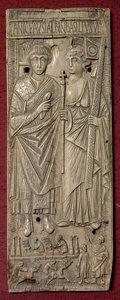 Plakett som viser Basiliscus, østens keiser (d.478) med et vognløp under, romersk, 480 e.Kr. (elfenben) av Unbekannt