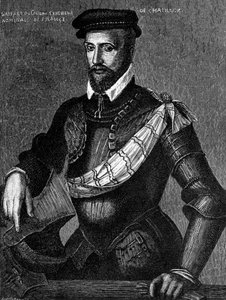 Portrett av Gaspard de Coligny, Seigneur de Chatillon (1519-1572), fransk adelsmann, admiral og huguenotleder i franske religionskriger, gravering av William M. Timlin