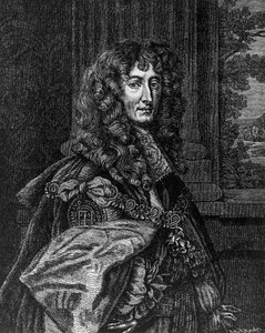 Portrett av prins Rupert Wittelsbach av Rhinen (1619-1682), hertug av Bayern, hertug av Cumberland, jarl av Holderness, tysk general og admiral, gravering av William M. Timlin