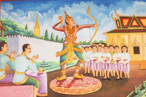Preah Prom Rath MonasteryLife of the BuddhaPrins Siddhartha Gautama ble en mester for sverdkamp, bryting og bueskyting, Siem Reap, Kambodsja av Unbekannt