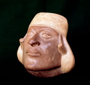 Pre-columbiansk kunst, mochica-sivilisasjon: terrakottavase som representerer en manns hode - 200 f.Kr.-700 e.Kr. - Lima, National Museum of Anthropology and Archaeology, Peru - Pre-columbian kunst, Moche-sivilisasjon av Unbekannt
