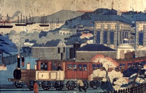 Jernbane i en japansk havn, sent på 1800-tallet (gravering) av Unbekannter Künstler