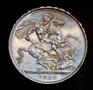 Sjelden britisk mynt, Kong Georg IV, Proof sølvkrone, Englands skytshelgen til hest med sverd i ferd med å drepe dragen, dør av Bernedetto Pistrucci av Unbekannter Künstler