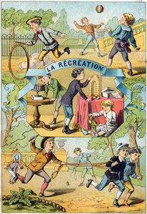 Rekreasjon i skolegården. Gravering i "Alphabet des petits ecoliers". Avbildning av Epinal, ca. 1885. Privee Collection av Unbekannt