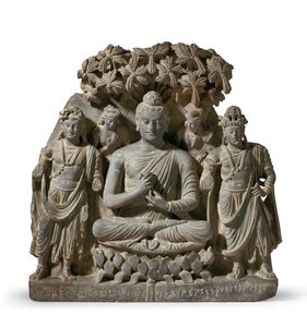 Reliefstriade av Buddha Shakyamuni med bodhisattvaer, 3.-4. århundre (grå skifer) av Unbekannter Künstler