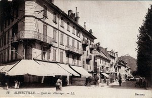 Rhone Alpes, Savoie (73), Albertville: utsikt over Quai des Allobroges - Postkort slutten av 1800- og 1900-tallet av William M. Timlin