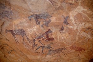 Bergkunst, forhistorie: Bergmaleri av storfe, ett kne i et ly utsmykket i Uweinat-massivet, Sudan (Karkur-Talh eller Karkur Talh). Periode fra 8000 til 3000 år f.Kr. Fotografering av Unbekannt