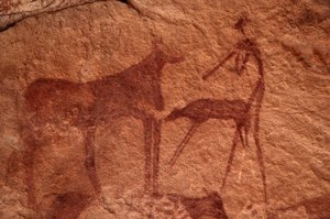 Bergkunst, forhistorisk: Steinmaleri av en ku, kalv og karakter (bueskytter) i et utsmykket ly, i Uweinat-massivet, Egypt. (Periode fra 8000 til 3000 år f.Kr.). Fotografering av Unbekannt