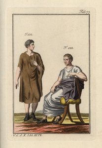Romersk mann iført paenula og en sittende romersk senator. Håndkolorert kobberstikk fra Robert von Spalarts «Historisk bilde av kostymene til de viktigste folkene i antikken og middelalderen» (1798). av Unbekannter Künstler