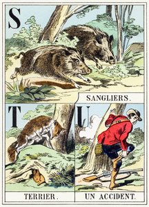 S T U : Sanglier, Terrier, Un accident - The Hunting Alphabet, ca. 1890 (gravering) av Unbekannt