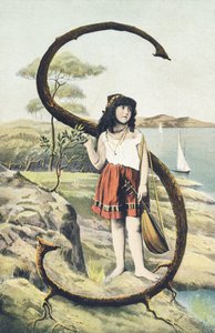 S: En ung jente i et kort skjørt og ermeløs bodice holder en mandolin i venstre hånd. Landsdekor - Alfabettegn Ref Th. E., L. Theochrom - Serie 994. Theodor Eisman, forlegger, Leipzig av Unbekannt