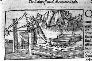 Saltproduksjon: matlaging. Gravering av Olaus Magnus (1490 - 1557), svensk religiøs og geograf, "History of the Northern Nation", Venezia av Unbekannt