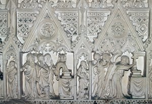 Sarkofag av Pedro I (1320-1367) med scener fra livet til St Bartholomew, kirken i Alcobaca kloster (UNESCOs verdensarvliste av Benjamin Baud