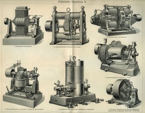 Vitenskaps- og teknologistyre som representerer tyske elektriske maskiner. Illustrasjon hentet fra “Meyers Grosses Konversations - Lexikon””” 1904. Bibliographers Institute, Leipzig og Wien av Unbekannt