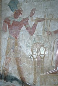 Seti I ofrer røkelse til Horus, Temple of Seti I, Egyptian New Kingdom, XIX. dynasti, ca. 1318 f.Kr. (polykrom relieff) av Unbekannt
