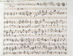 Noter for Händels fuga fra et manuskript som inneholder to verk, av Domenico Scarlatti og av Friedrich Handel av Unbekannter Künstler