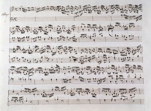 Noter for Händels fuga fra et manuskript som inneholder to verk av Domenico Scarlatti og Friedrich Handel av Unbekannter Künstler