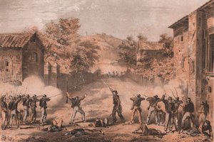 Sicilianske frivillige angriper fremre stolper på venstre side av napolitanerne i Milazzo, Sicilia av William M. Timlin
