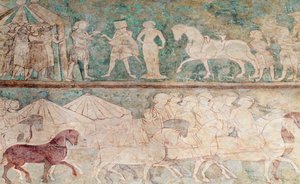 Spania, Aragon, Saragossa, Aljaferia-palasset, Fresco-detalj av Benjamin Baud
