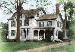 Stephen Grover Clevelands fødested (1837–1908): «The Manse», i Caldwell, New Jersey, USA. Fargegravering fra 1800-tallet. av Unbekannter Künstler