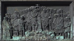 Strasbourg, Bas-relieff av skulpturen av Gutenberg. Europa av William M. Timlin