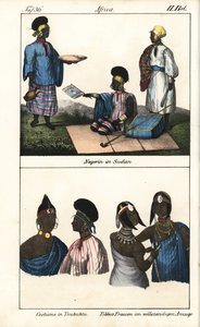 Sudanesiske kvinner i stripete kjoler. Nedenfor, demmes fra Timbuktu (Mali) og Tibbo-kvinner fra Sahara. Litografi til boken: «Galerie complete en tableaux fideles des peuples d#39;Afrique» av Friedrich Wilhelm Goedsche (1785-1863), utgave Meissen (Tysklan av Unbekannter Künstler