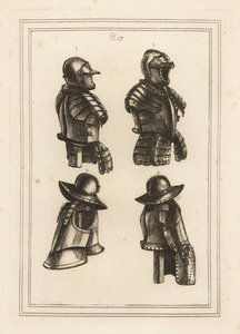 rustning med lansestøtte, åpen hjelm 1, drakt av arquebus panser 3, og drakt av arquebus panser med lange lårtassets 4 av Unbekannt