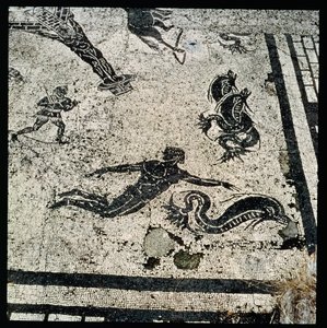 Svømming med delfinene, fra Frigidarium of the Baths i Ostia, 2. århundre e.Kr. (mosaikk) av Unknown