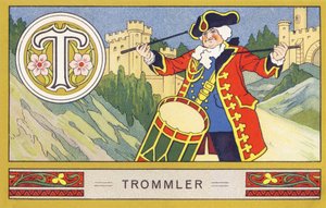 T : Trommeslager - Alphabet Palmin. Serie med kromolitografier redigert av H. Schlinck & Cie, Hamburg, sd. Publicite pour Palmin fineste kokosfett. Mål: 7 x 11 cm av William M. Timlin