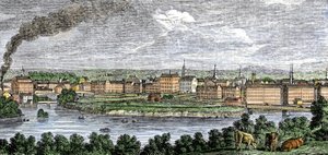 Tekstilfabrikker langs elvene Merrimack (Merrimac) og Concord, Lowell, Massachusetts, USA på 1830-tallet. Fargegravering fra 1800-tallet. av Unbekannter Künstler
