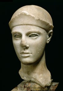 Athena fra Egina, iført hjelm, hode på en statue, gresk, eginetisk, ca. 460 f.Kr. (marmor) av Unbekannt