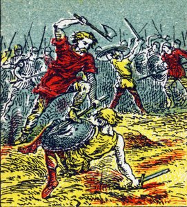 Slaget ved Vouille der Clovis I beseiret vestgoterne i 507. Gravering i "Histoire de France". Serie med reklamebilder publisert på vegne av Louit, 24 rue d