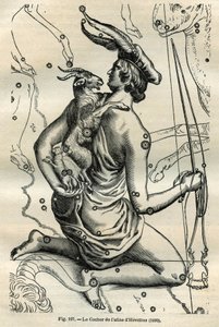The Coach of the Atlas of Hevelius (1690): Konstellasjonen av Coach, som holder en pisk i høyre hånd og renes og på venstre arm Chevre og to chevrals, er en av de eldste i den greske sfæren. Gravering fra Camille Flammarions «Les ét av Unbekannt