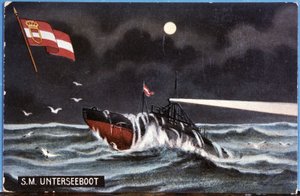 Den tyske ubåten Unterseeboot, tidlig på 1900-tallet (illustrasjon) av Unbekannter Künstler