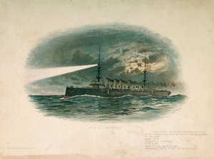HMS «Terrible», en førsteklasses krysser, bygget av Barrow in Furness Shipbuilding and Arms Company i 1897. Kromolitografi på slutten av 1800-tallet, av WS Tomkin (). av Unbekannter Künstler
