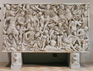 Ludovisi-sarkofagen med høy relieff representasjon av romerne som kjemper mot barbarene, 250-80 e.Kr. (marmor) av Unbekannt