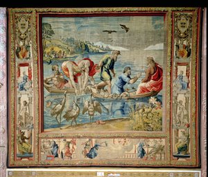 The Miraculous Draft of Fishes, fra Brussel-teppet, kopier av Rafaels Vatikanserie av Apostlenes gjerninger (teppe) av Unbekannt