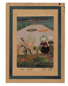 Mughal-keiseren Shah Jahan med sin forfar Timur (gouache med gull på papir) av Unbekannter Künstler