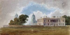 Dronningens hus og Greenwich Hospital (England), med kuplene til Queen Mary Court- og King William Court-bygningene. Maleri tilskrevet David Cox (1783–1859), akvarell rundt 1804. av Unbekannter Künstler